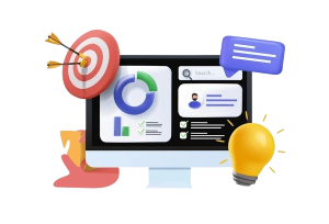 3D digital marketing illustration with a target, charts, and light bulb symbolizing strategy, analytics, creativity, and business growth.