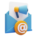 3D email marketing icon with an envelope, megaphone, and @ symbol, symbolising digital communication and audience engagement.