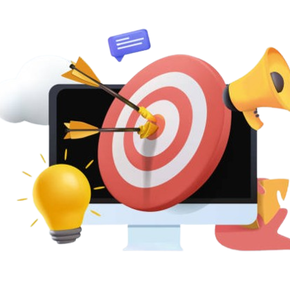 Content Marketing – Creative Ideas That Drive Results 3D content marketing illustration with a target, megaphone, and light bulb symbolising creative strategy, audience engagement, and digital marketing success.